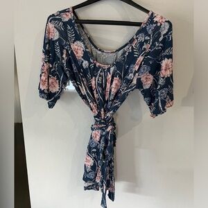 Latched Mama Nursing blouse, blue with pink flowers